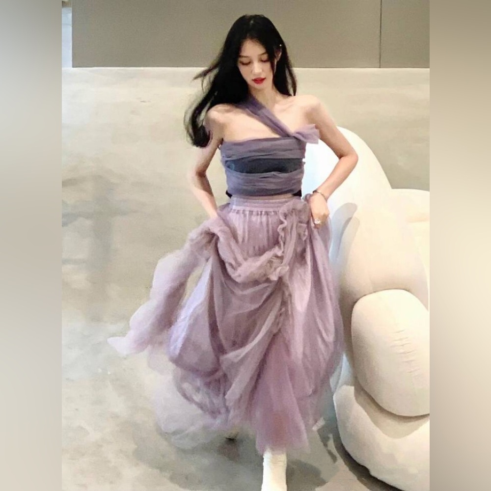 Romantic Lavender Tulle Matching Set - Convertible Wrap Top + Layered Maxi Skirt